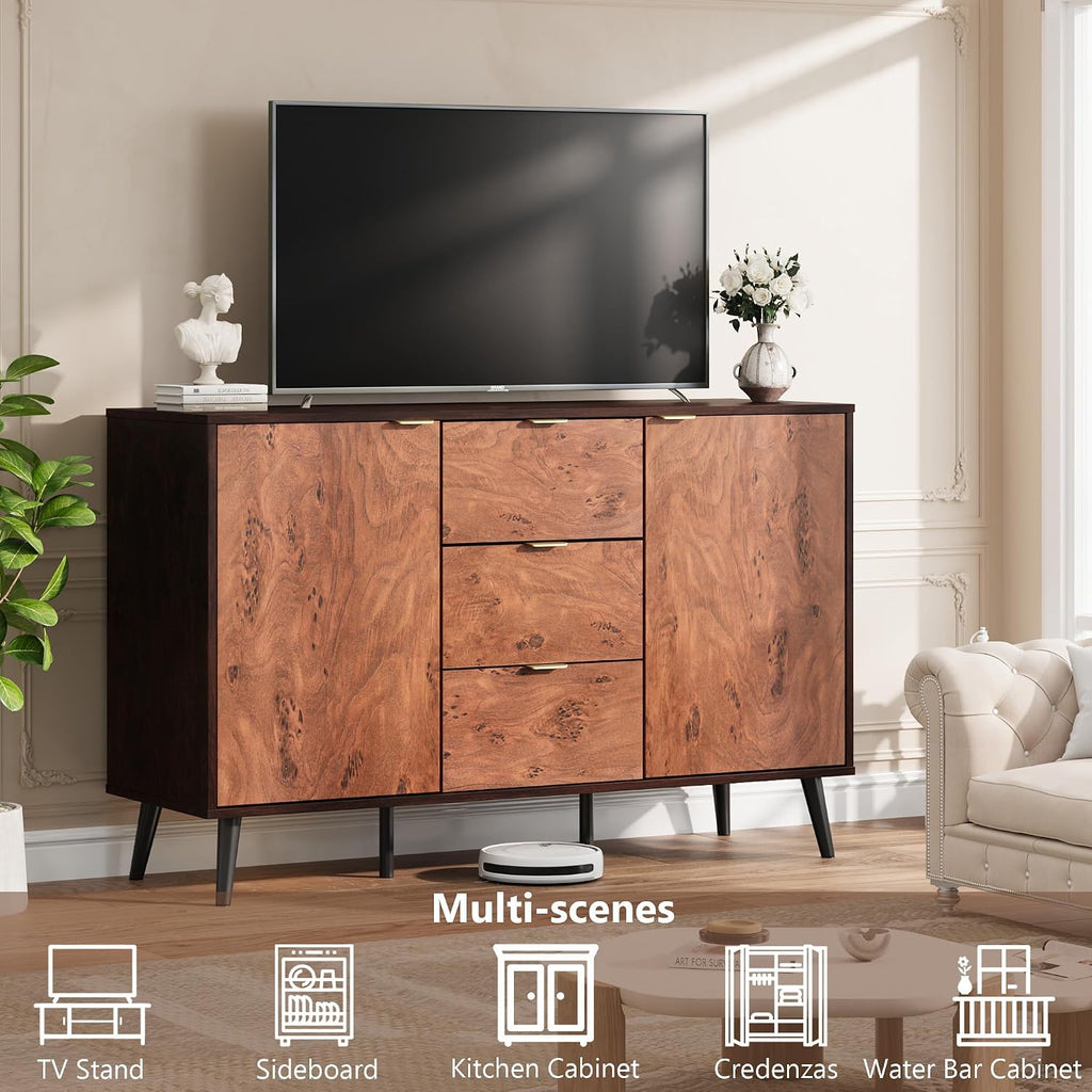 GarveeHome Buffet Cabinet with Drawers and Storage, 51.2 in Large Sideboard Buffet Credenza Storage Cabinet with Shelves and Doors, Walnut Buffet Cabinet for Dining Room, Entryway, Living Room