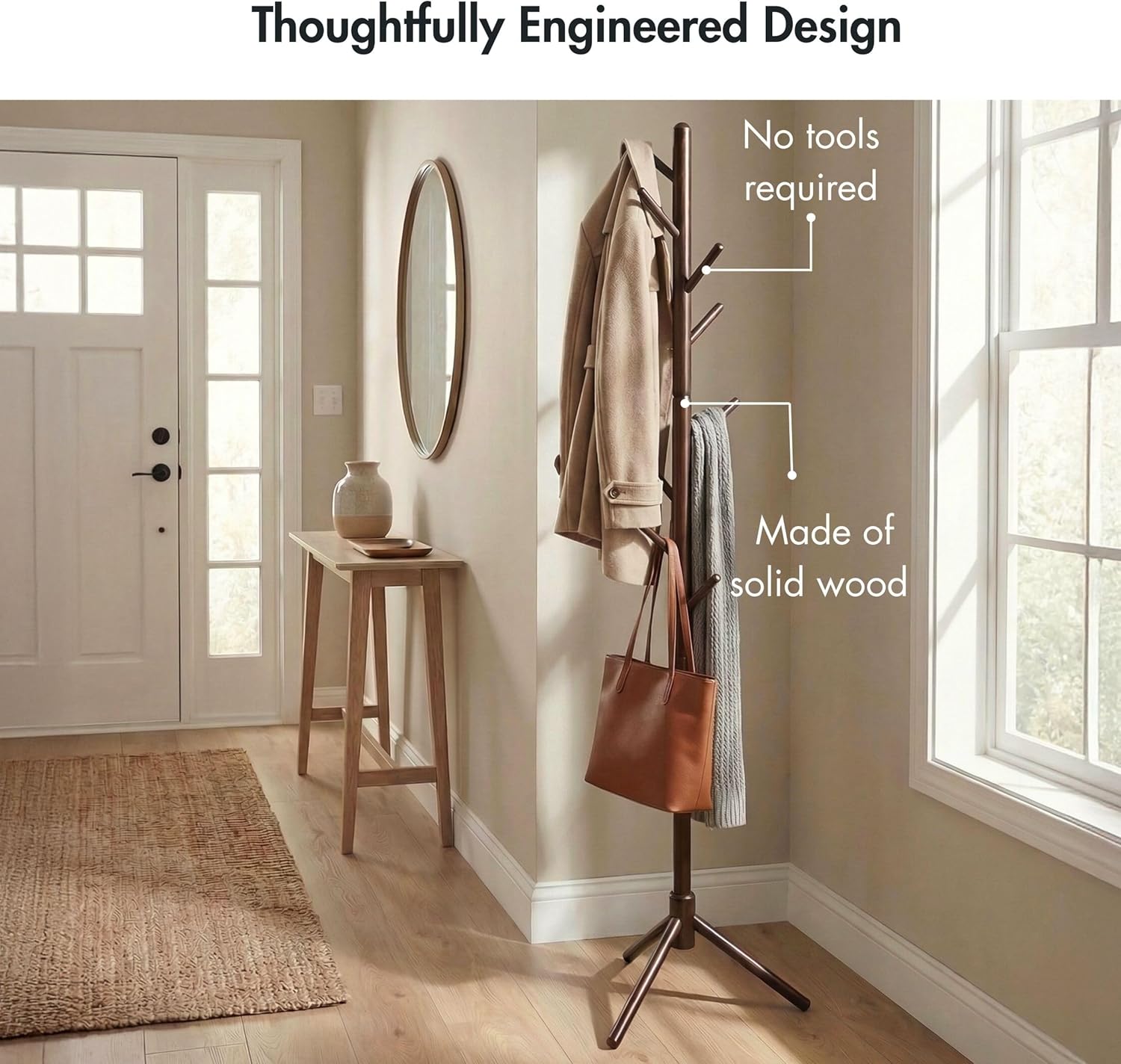 Luxe L 100% Faux Fur Coat Rack, Freestanding Coat Rack with 8 Hooks, Adjustable Size Tree Coat Rack for Bedroom, Hallway, Entrance, Office, for Coats, Hats, Scarves, Handbags - Brown