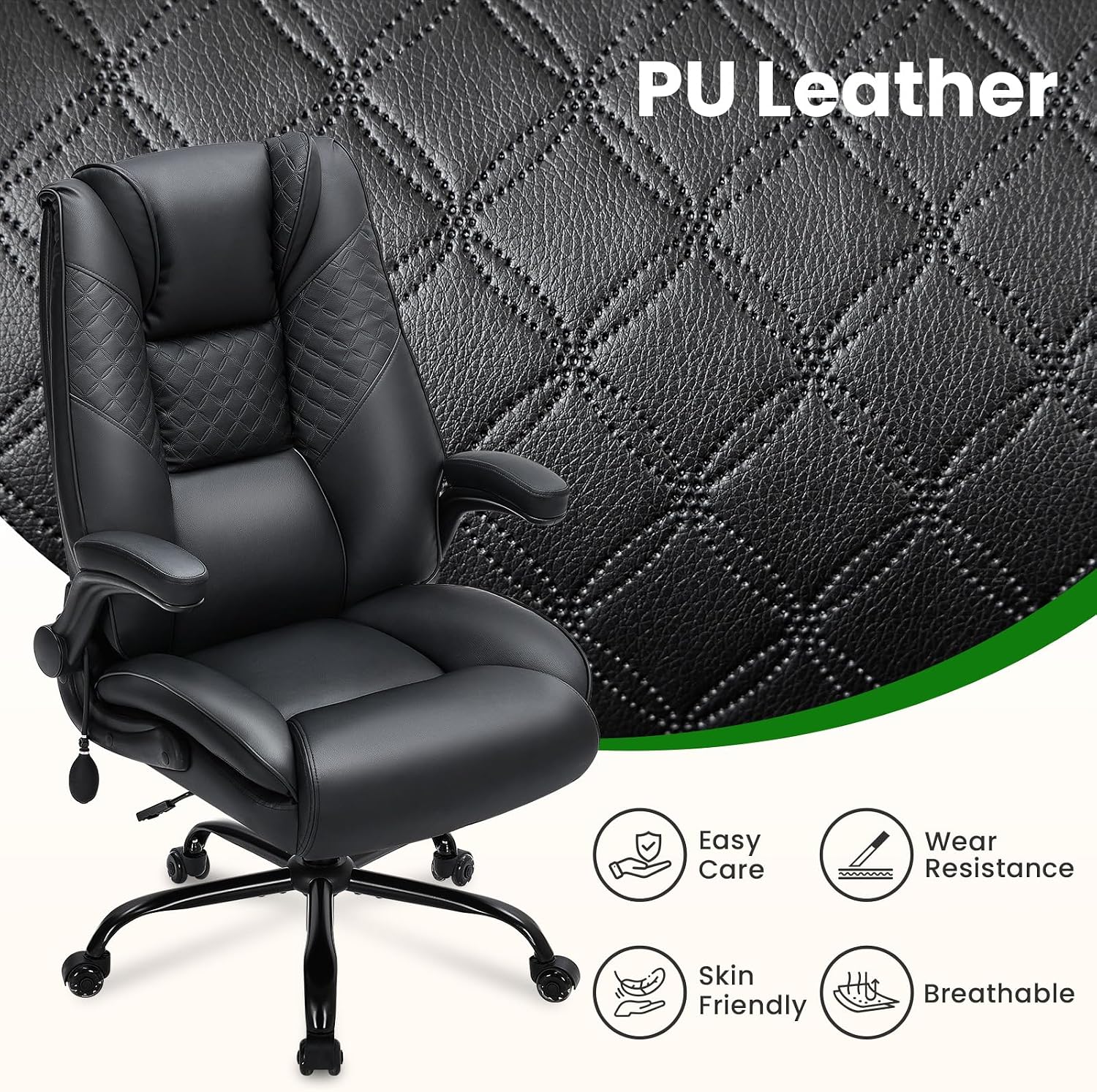 500lbs Big and Tall Office Chair with Inflatable Lumbar Support, Rubber Wheels Executive Chair with Rocking Function, High Back Wide Cushion Leather Ergonomic Computer Desk Chair for All-Day Sitting