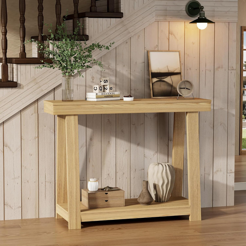 43.5" Narrow Console Table, 500LB 2-Tier Wood Grain Entryway Table, 15-Min Easy Assembly for Hallway, Foyer, Small Apartment & Bedroom, Oak