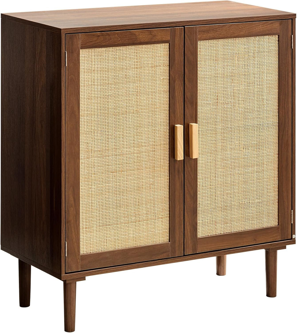 VEVOR Rattan Cabinet, Rattan Storage Cabinet with 2 Magnetic Doors and Adjustable Shelves, Accent Sideboard Buffet with Wooden Legs & Power Cord Hole for Hallway, Entryway, Living Room, Kitchen, Brown