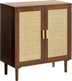 VEVOR Rattan Cabinet, Rattan Storage Cabinet with 2 Magnetic Doors and Adjustable Shelves, Accent Sideboard Buffet with Wooden Legs & Power Cord Hole for Hallway, Entryway, Living Room, Kitchen, Brown