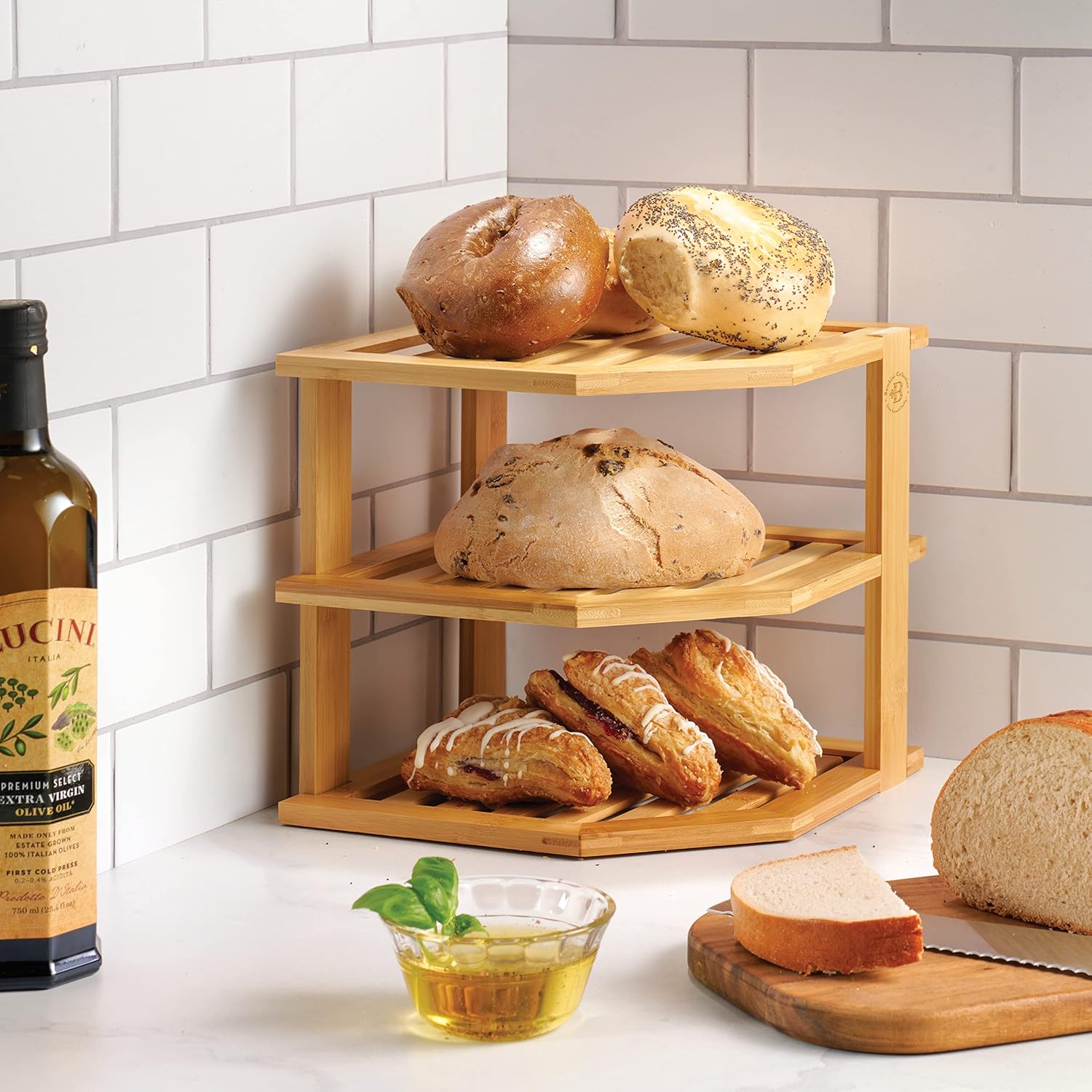 Bambüsi Plate Organizer for Cabinet - 3 Tier Bamboo Corner Cabinet Organizer Shelf for Plates Bowls Mugs Cups, Kitchen Cabinet Organizer, Cabinet Shelf Organizer, Countertop Rack, 10 x 10 x 9.5 Inch