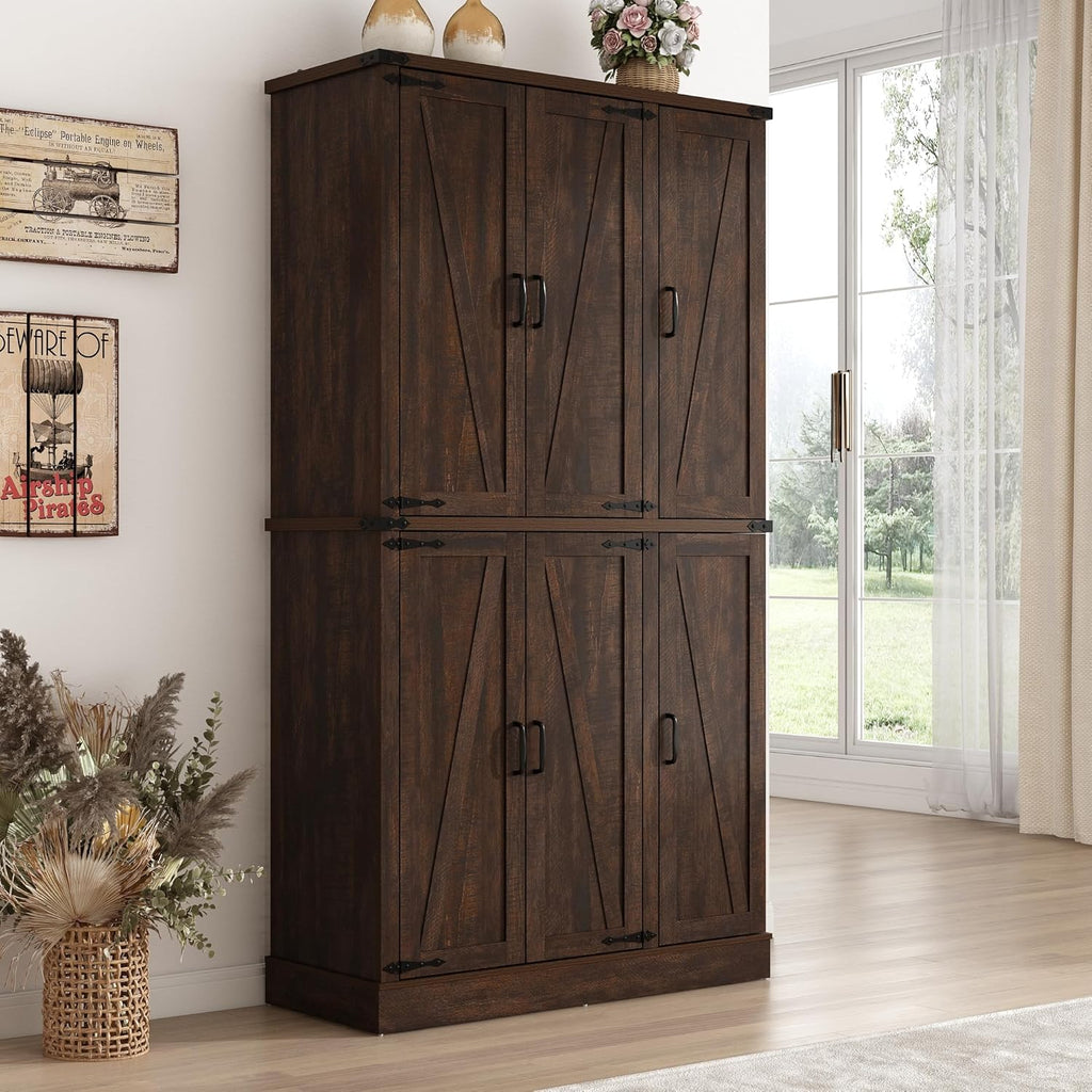 Hlivelood 71" Tall Kitchen Pantry,Farmhouse Storage Cabinet with Barn Doors,Organizer,Rustic Wood Cupboard,Farmhouse Pantry Cabinet for Kitchen,Dining Room,Living Room(Brown)