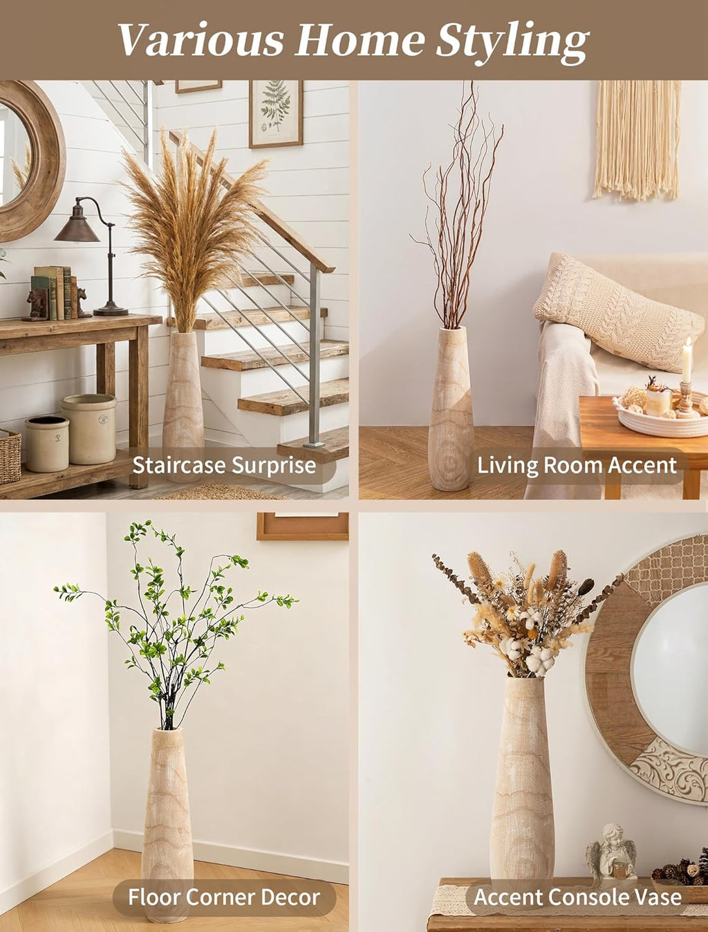 Hanobe Wooden Tall Floor Vase: 22 Inch Decorative Vases for Pampas Grass Large Vase for Boho Rustic Farmhouse Living Room Bedroom Hallway Corner Neutral Home Decor