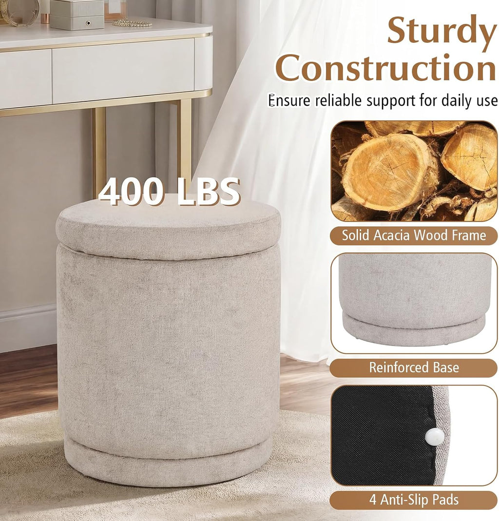 Giantex Round Ottoman with Storage, Chenille Fabric Vanity Stool with Removable Lid, Acacia Wood Frame, Ottoman Foot Rest for Living Room, Bedroom, Makeup Room No Assembly (Beige)