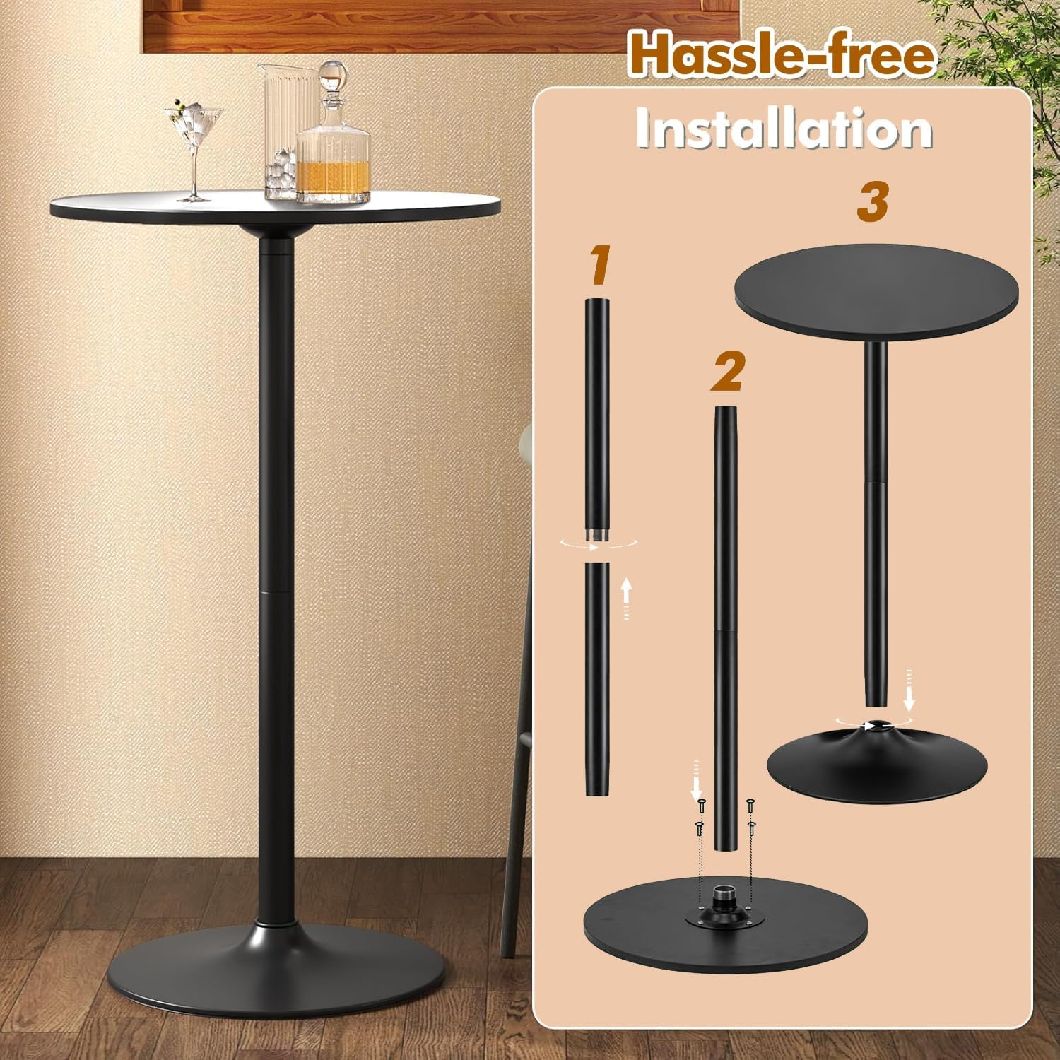 COSTWAY 3 Pieces Bar Table Set, Round Cocktail Table and PU Leather Adjustable Swivel Chairs, Modern Counter Height Furniture Set with 2 Bar Stools for Small Space, Kitchen, Office (White+Black)