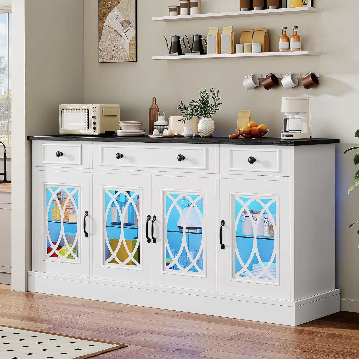 YITAHOME Sideboard Buffet Cabinet with Storage, 65" Buffet Table with 4 Glass Doors and 3 Drawers, Coffee Bar Cabinet with Adjustable Shelves for Kitchen, Living Room, White