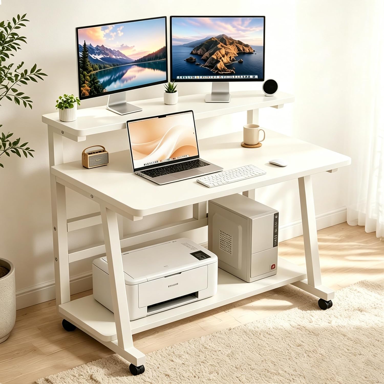 31.5 Inch Compact Rolling Computer Desk with Tier Worktable & Lockable Wheels, Small Computer Desk, Small Desk for Bedroom, Mobile Writing Workstation Easy Assembly for Home Office Small Spaces