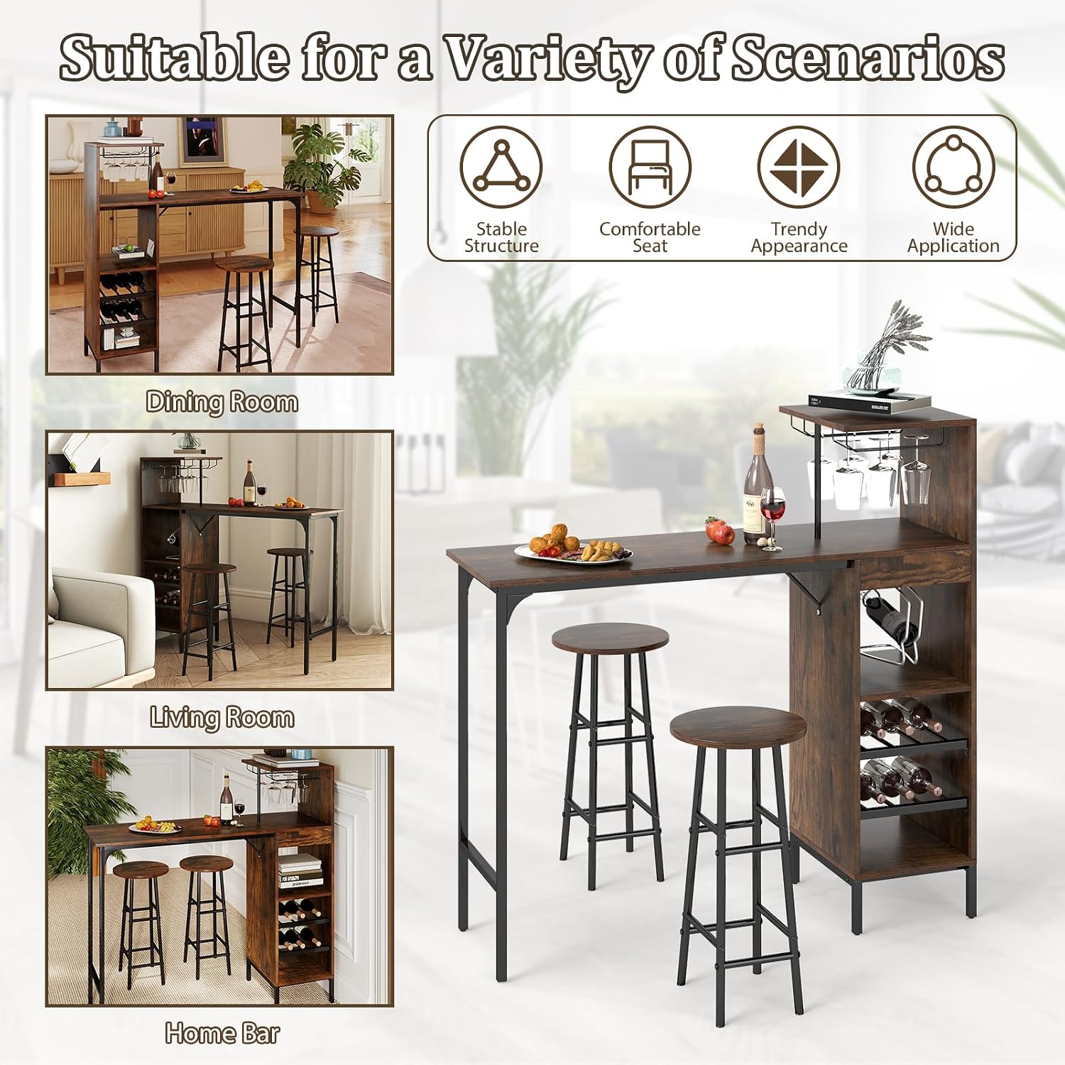 GOFLAME Bar Table Set for 2, Counter Height Dining Table Set with Shelves, Cup Holder & Wine Rack, Breakfast Table & Stools Set, 3-Piece Pub Table Set for Kitchen, Dining Room, Rustic Brown