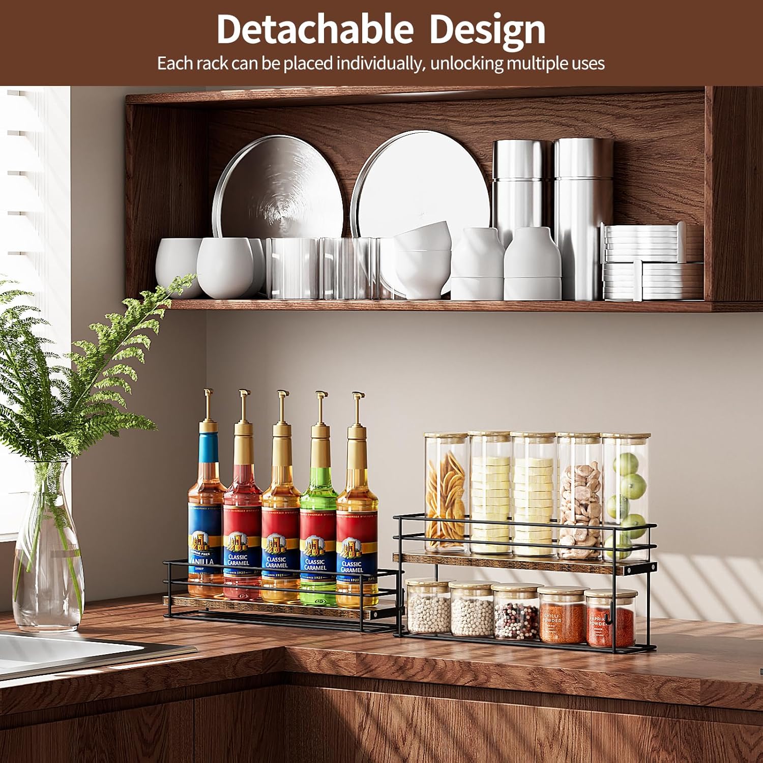 Nuovoware Coffee Syrup Organizer, 2-Tier 10 Bottles Bar Organizer, Separable Metal Rack with Wooden Base Whiskey Wine Dressing for Countertop Kitchen Coffee Bar, Black
