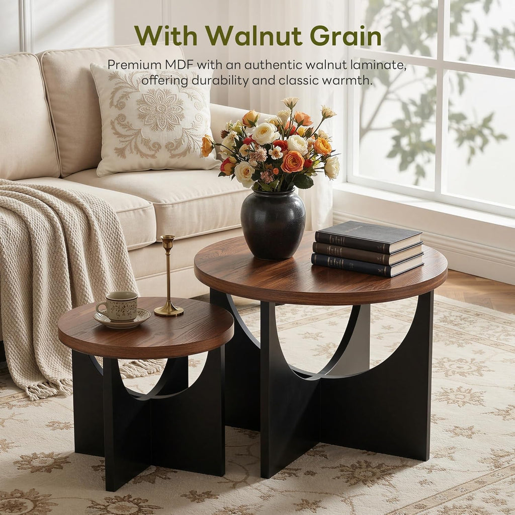 LIKIMIO Nesting Coffee Tables Set of 2, 23.6" Small Round Side Tables for Living Room, Wooden End Table, Walnut