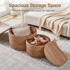 Round Nesting Coffee Table Set of 2 with Storage - Handwoven Wicker Rattan Ottoman Style, Boho Coastal Coffee Tables for Living Room, Rattan Coffee Table with Cover & Soild Wood Frame