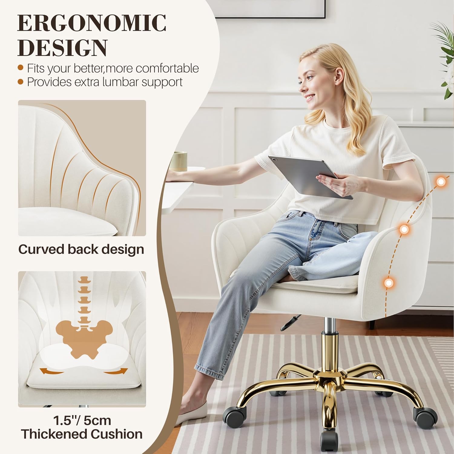 Vanity Chair with Wheels, Adjustable Swivel Desk Chair, Velvet Home Office Makeup Chair with Gold Base, Beige