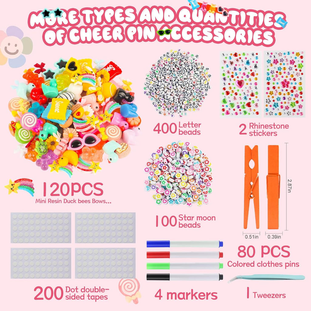 Cheer Pins Spirit Clips,80 Wooden Colored Clothes Pins with 120 Mini Resin Charms Bows Sticker,400 Letter Beads,200 Self-Adhesive Dots,Cheer Pin kit for Ribbon Team Classroom Cheerleading Gifts Bulk