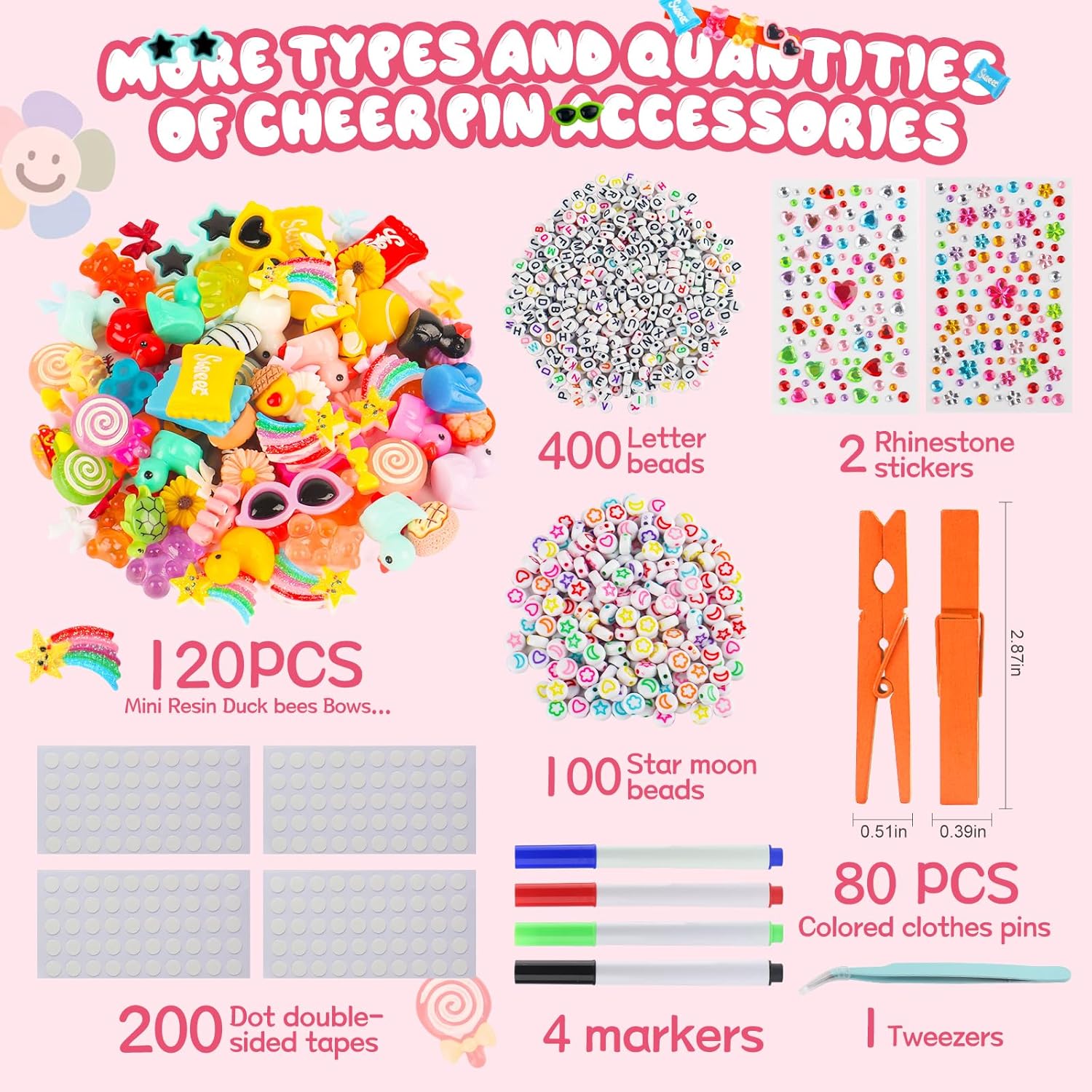 Cheer Pins Spirit Clips,80 Wooden Colored Clothes Pins with 120 Mini Resin Charms Bows Sticker,400 Letter Beads,200 Self-Adhesive Dots,Cheer Pin kit for Ribbon Team Classroom Cheerleading Gifts Bulk