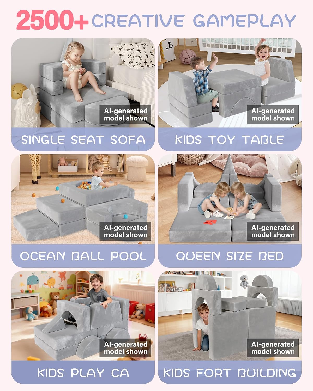 YEFU 15pcs Modular Kids Play Couch, Kids Couch for Toddler & Children, Toddler couches, Kid Couches Fort Building kit for Playroom Furniture, Kid Play Couches, Convertible Sofa for Boys & Girls, Grey