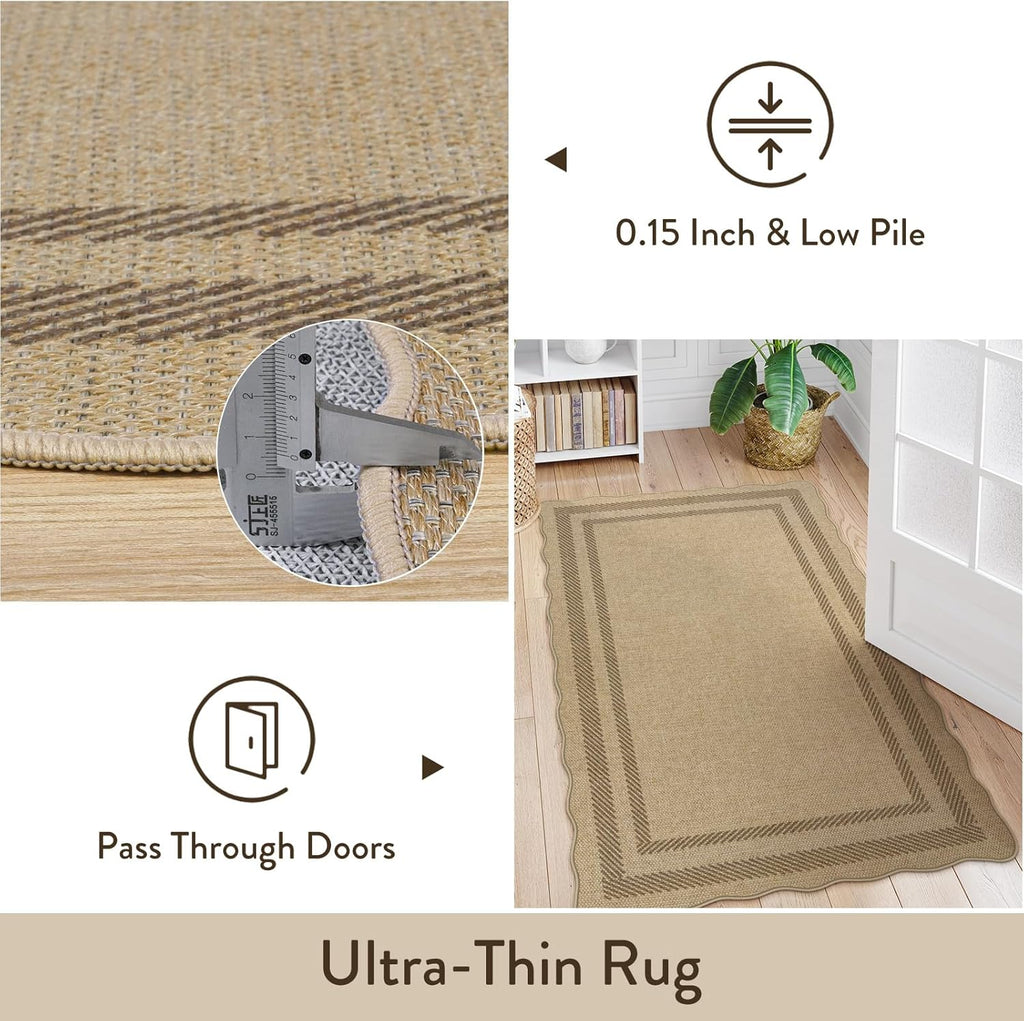 LIVEBOX Scalloped Easy Jute 2x5 Runner Kitchen Rug, Washable Non Slip Tan Rugs for Entryway Hallway, Indoor Outdoor Rug Geometric Farmhouse Carpet Door Mat Runners for Porch Bedroom Laundry Room