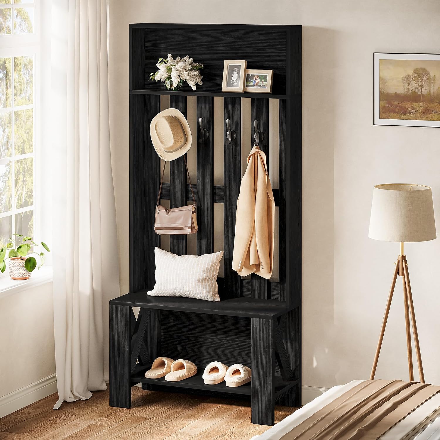 Tribesigns Hall Tree with Bench and Shoe Storage, Modern Entryway Bench with Coat Racks, 70.8" Tall Wooden Hall Tree Organizer with 4 Hooks for Mudroom, Hallway, Bedroom, Space-Saving, Black