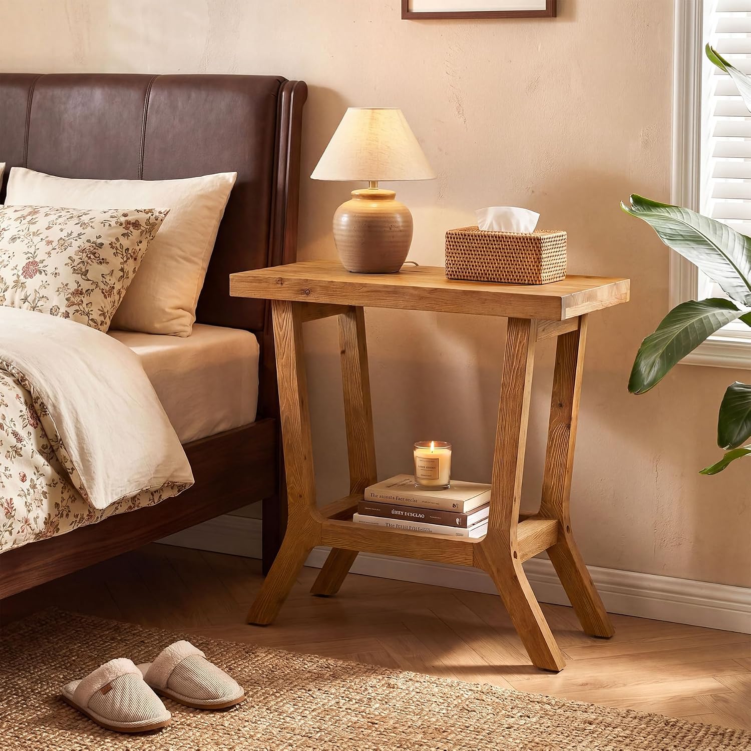 Solid Wood End Table, Small Wooden Side Table with 2-Tier Storage, Narrow Rustic Bedside Nightstand for Living Room, Bedroom, Small Places, Brown (2PCS)