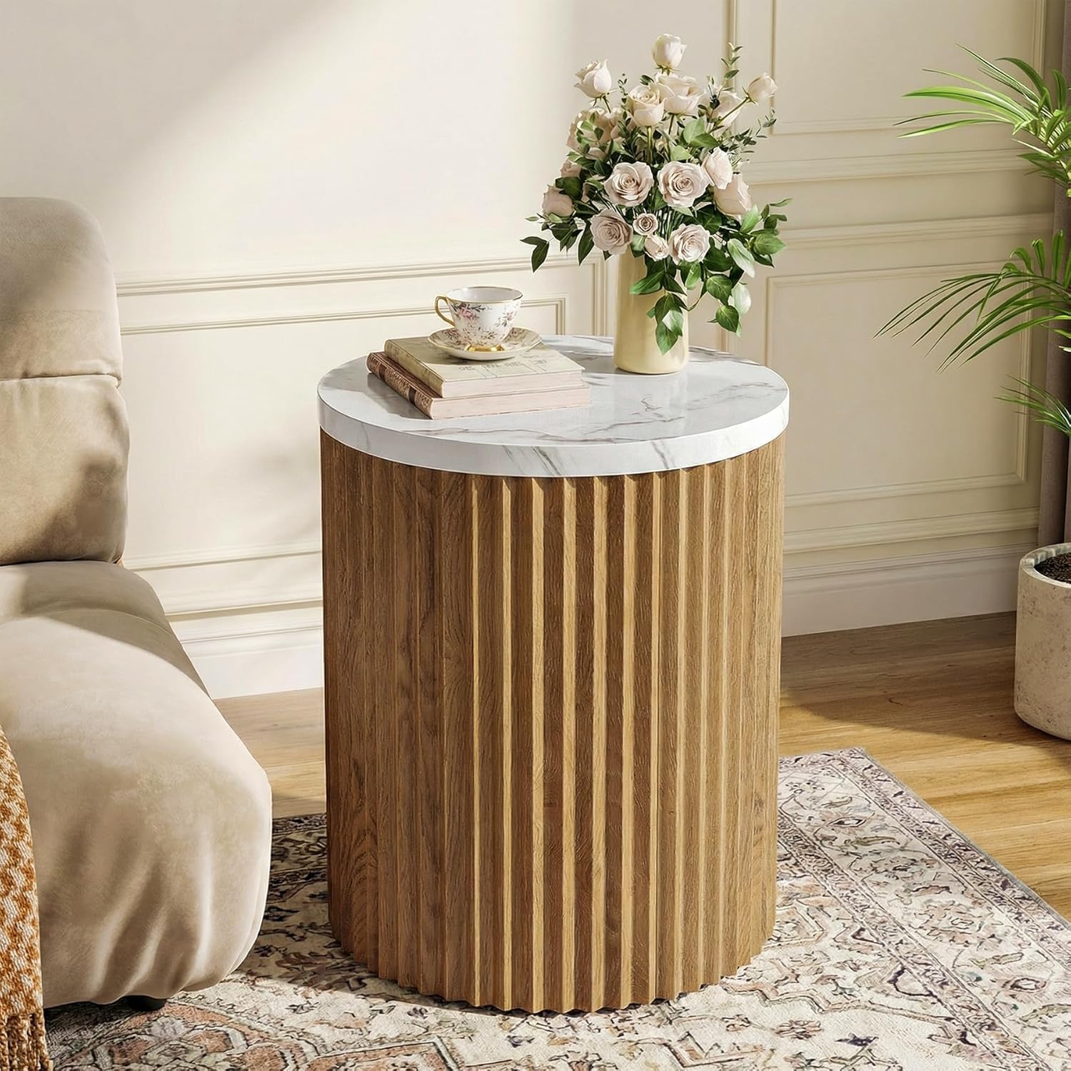 23.6-inch Round Side Table with Faux Marble Top, Drum Shape & Fluted Base - Stylish Small Nightstand for Living Room & Bedroom Decor Brown & White