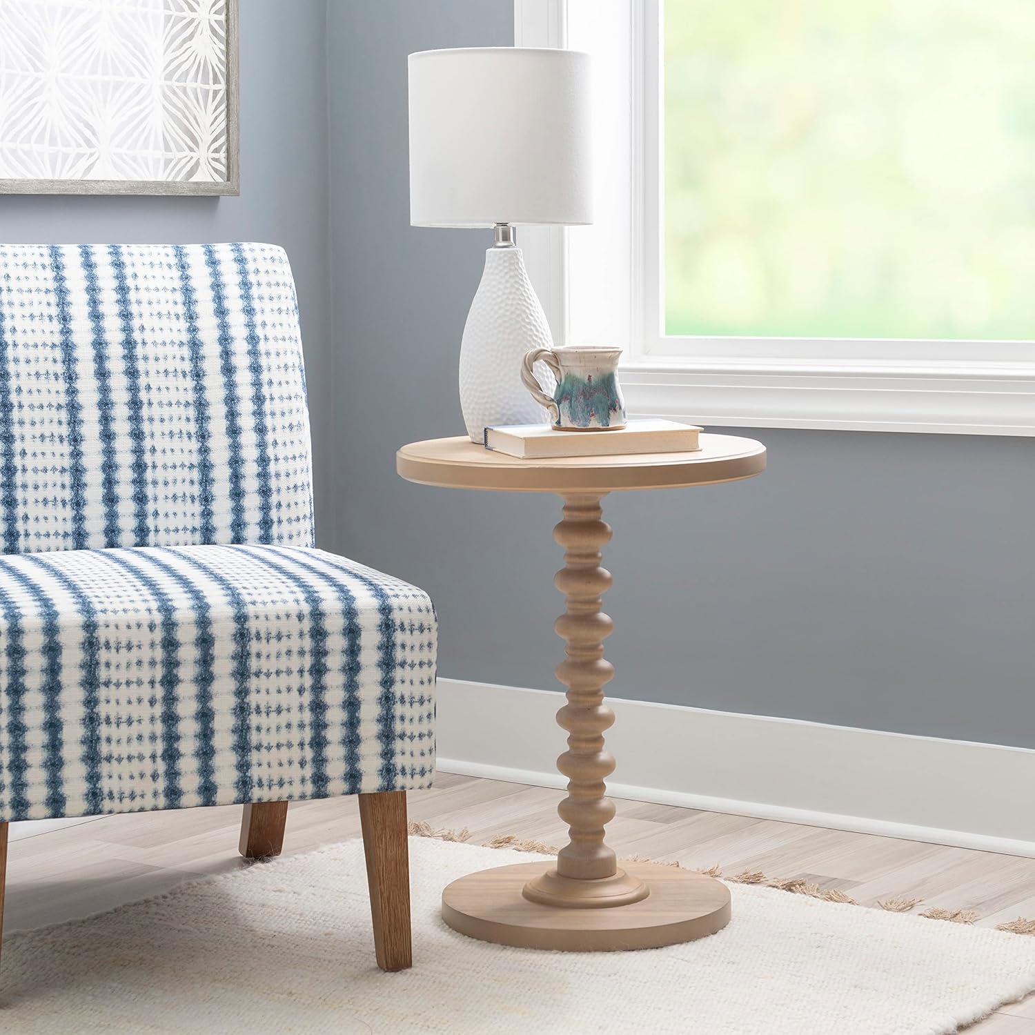 Powell Tarkin Round Natural Wood Turned Spindle Pedestal Side Accent Table