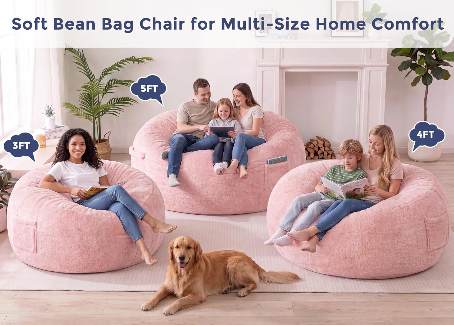 MAXYOYO Bean Bag Chair, Soft Bean Bag Sofa with Supportive Foam Filling | Plush Bean Bag Sofa with Supportive Foam Filling, Floor Sofa Seat with Side Pocket and Washable Cover, Pink, 3FT