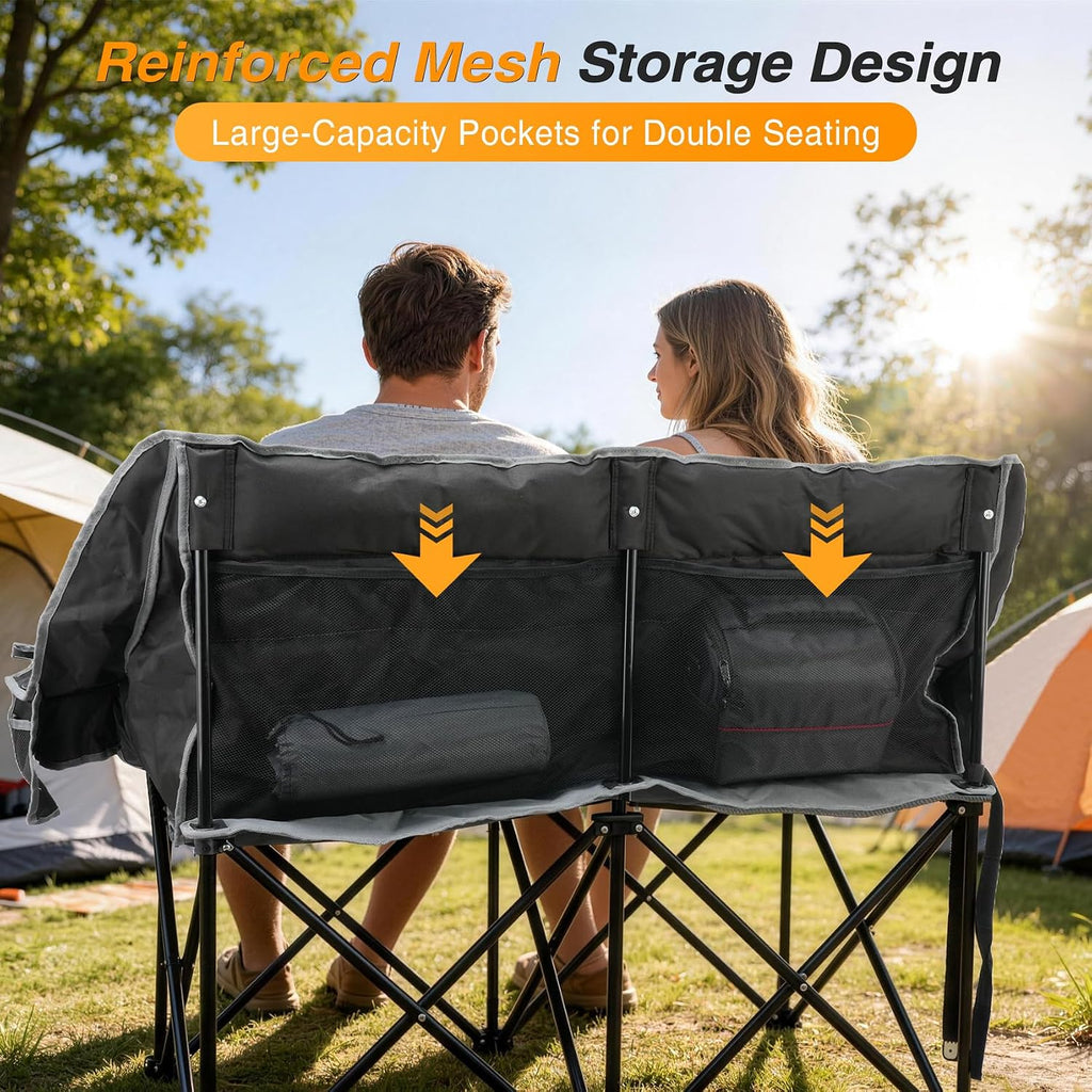 Suteck Double Camping Chair, 660lbs Oversized Camping Couch w/Independent Seats, Folding Camping Loveseat w/2 Cup & Wine Glass Holders, 1200D Oxford, Side Pocket & Carry Bag, for Camping, Lawn, Patio
