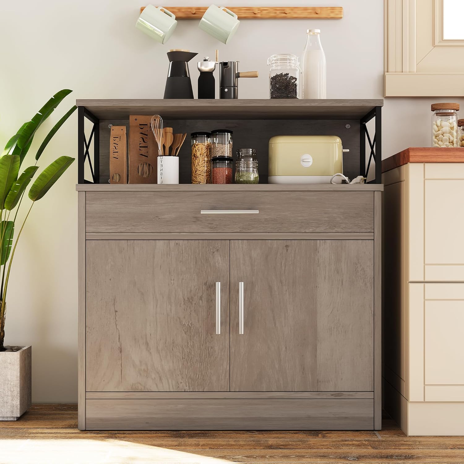 Vongrasig Farmhouse Coffee Bar Cabinet, Modern Sideboard Buffet Table with Adjustable Shelf, Storage Cabinet for Kitchen, Dining Room, Ash Grey