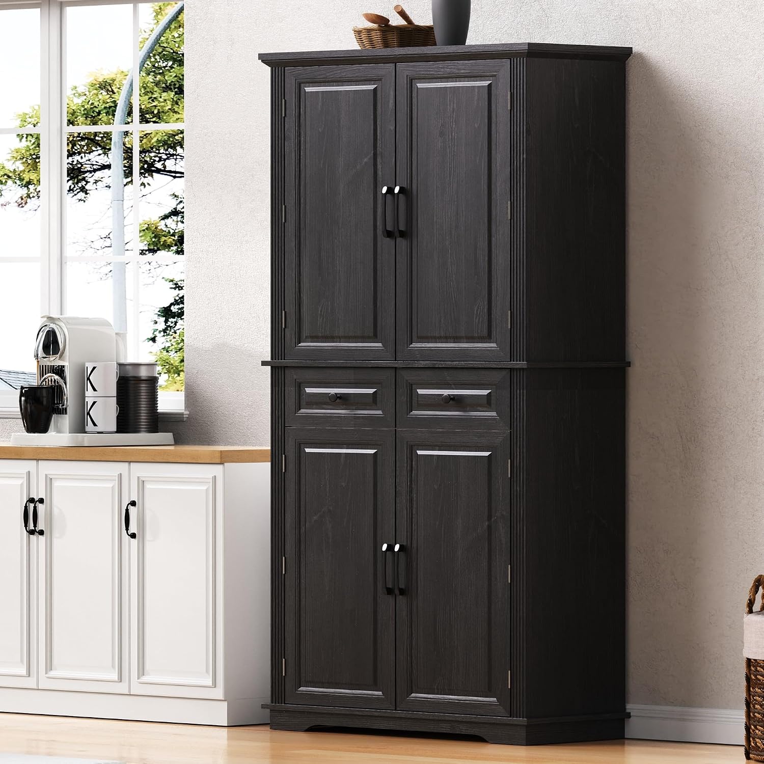 Anwick 71" Tall Kitchen Cabinet Pantry Storage, Modern Kitchen Hutch Cabinet with 2 Large Drawers, Freestanding Cupboard Cabinets with 2 Adjustable Shelves & 6 Door Shelves (Black-4Doors)