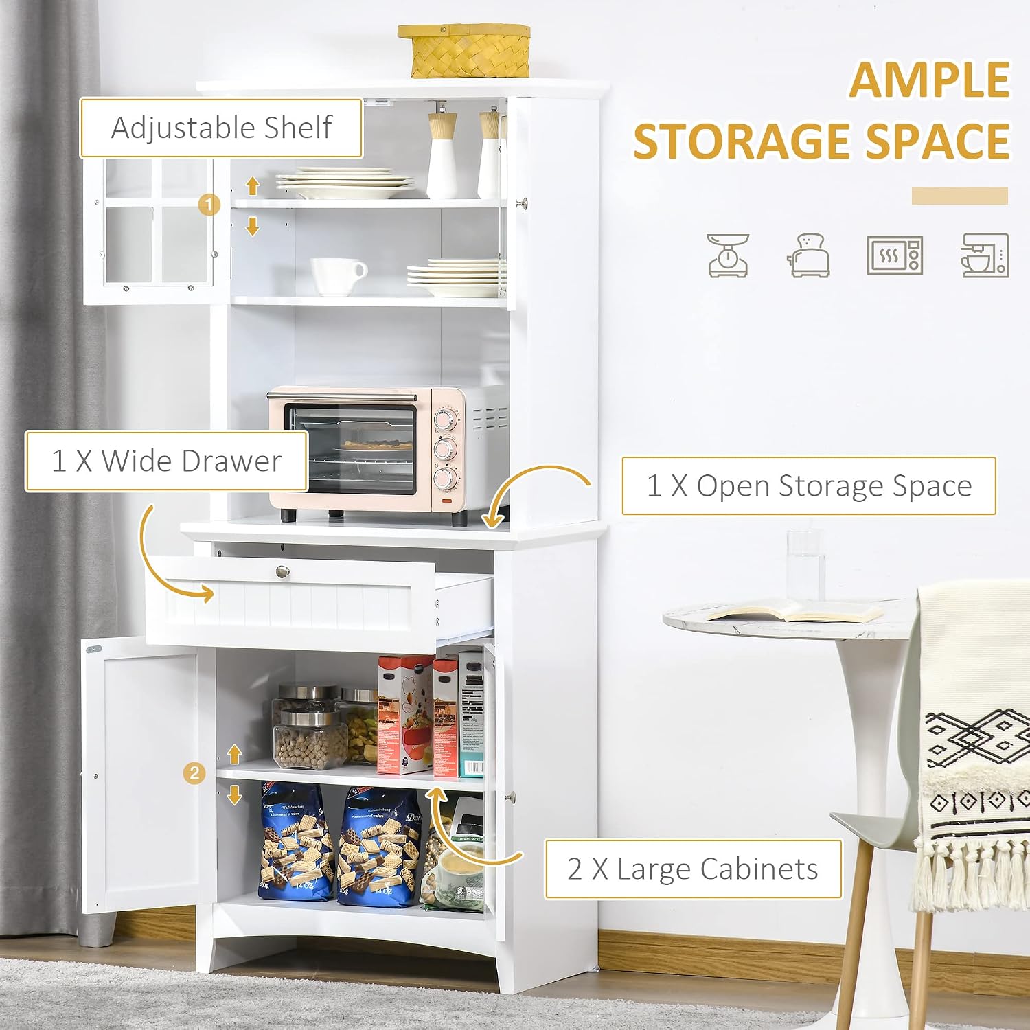 27" D*15.8" W*64.5" H Freestanding Kitchen Pantry with Drawer, 3 Shelves, Top French Door & Lower Double Door, Rectangular Storage Cabinet, Modern, for Living Room, Dining Room, White