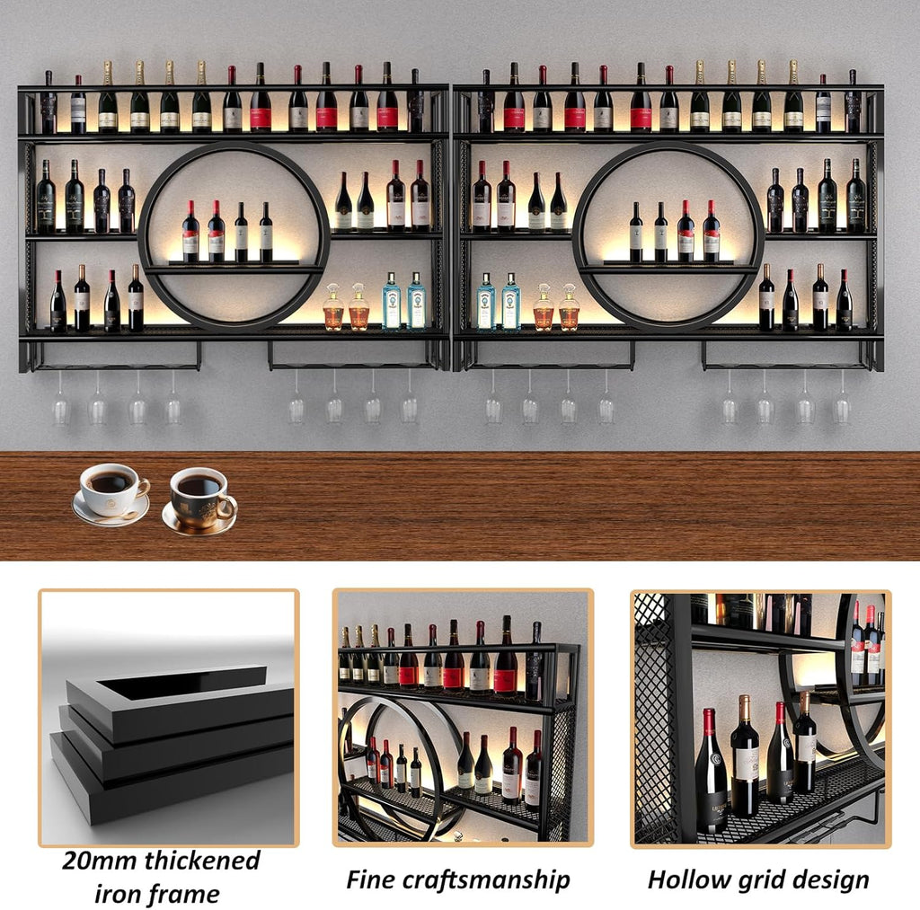 Metal Wine Rack Wall Mounted with LED Light, 3-Tier Bar Liquor Shelf with Wine Glass Holder, Modern Large Capacity Liquor Bottle Display Storage Shelf for Home Bar, Dining Room (Black, 100*80*15)