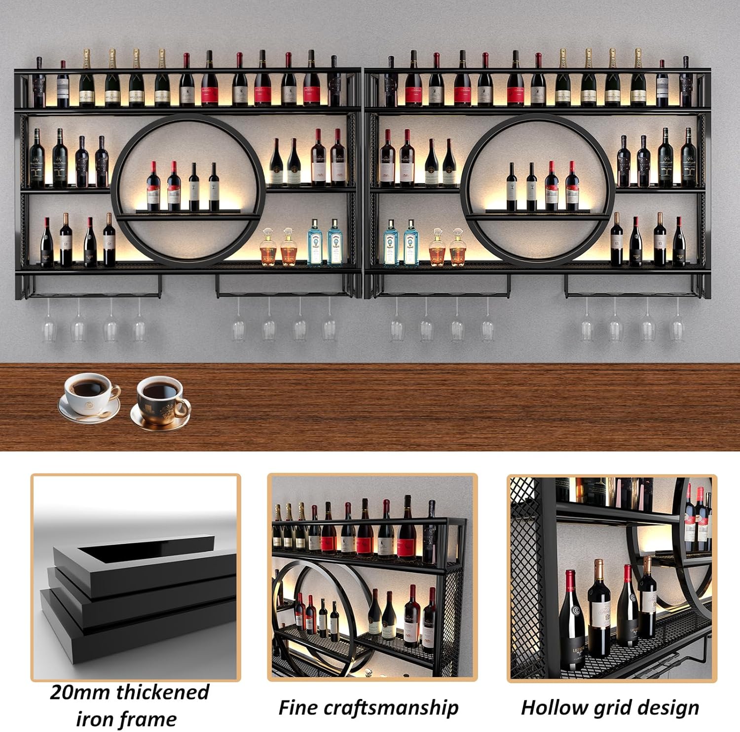 Metal Wine Rack Wall Mounted with LED Light, 3-Tier Bar Liquor Shelf with Wine Glass Holder, Modern Large Capacity Liquor Bottle Display Storage Shelf for Home Bar, Dining Room (Black, 100*80*15)