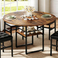 RALGEND 47.2" Round Dining Table for 4，Farmhouse Wooden Kitchen Table with Storage, Space Saving Circle Dinner Table with Metal Legs, for Dining Room, Living Room, Kitchen, Rustic Brown and Black