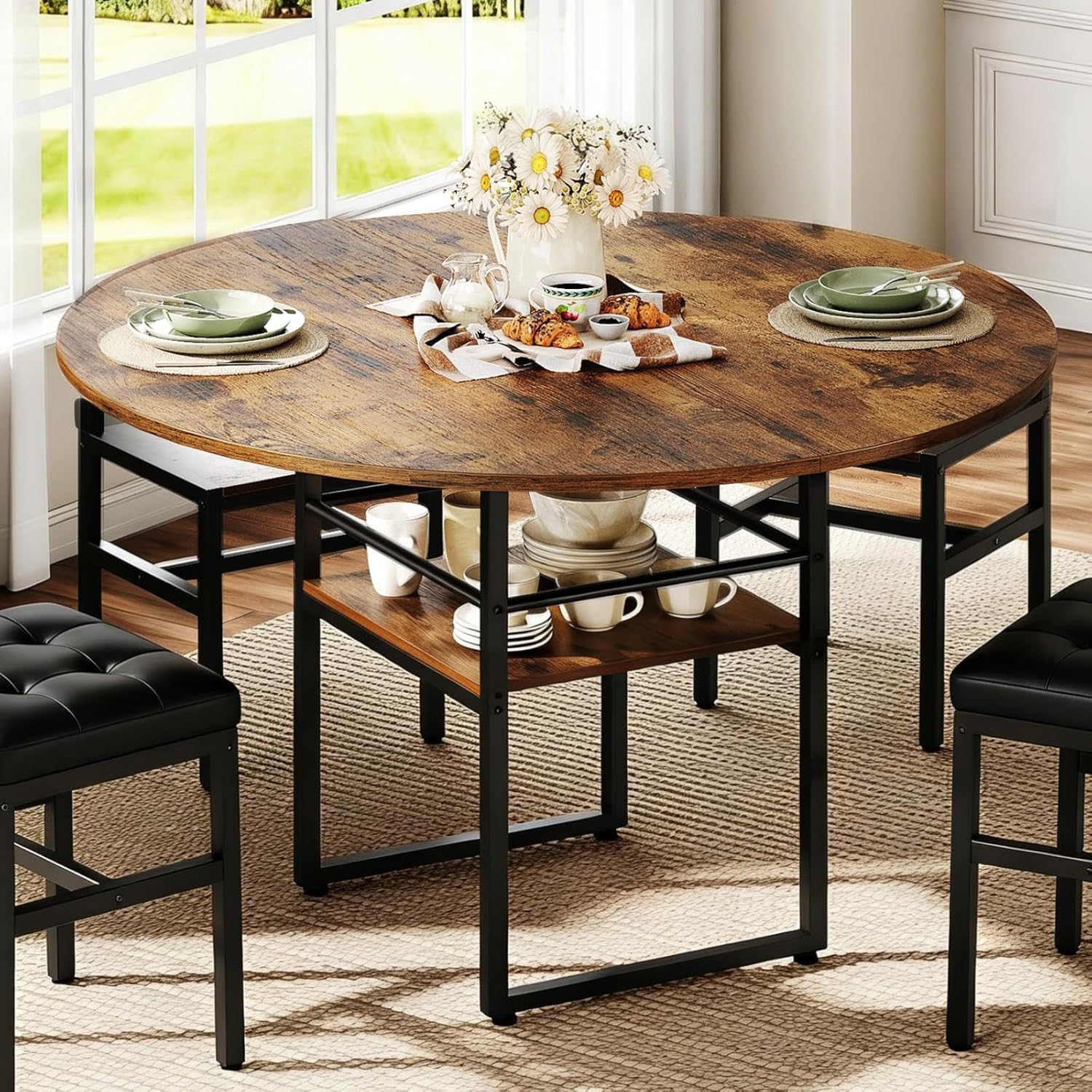 RALGEND 47.2" Round Dining Table for 4，Farmhouse Wooden Kitchen Table with Storage, Space Saving Circle Dinner Table with Metal Legs, for Dining Room, Living Room, Kitchen, Rustic Brown and Black
