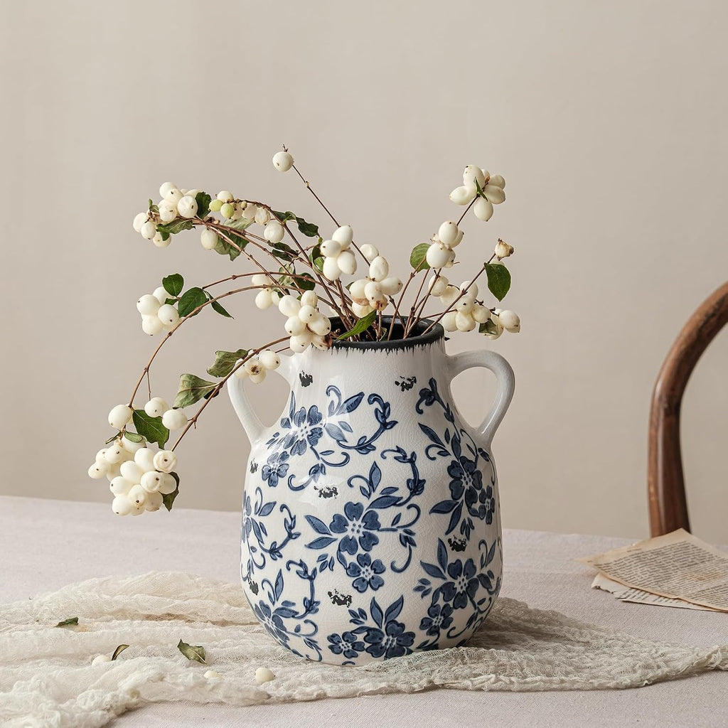 Blue and White Vintage Round Flower Vase with 2 Handles, Chinoiserie Floral Vase, Retro Ice Cracked Ceramic Large Vases for Home Decor, Living Room, Grand Millennial Chinoiserie Decor, 7.7 Inch