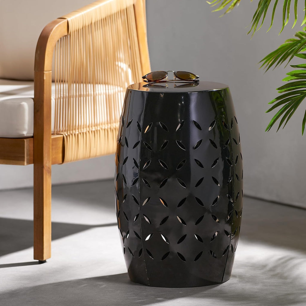 12" Weather Resistant Side Table, End Table with Metal Craft, Accent Table with Cutout Pattern for Indoor Outdoor Living Spaces, Black