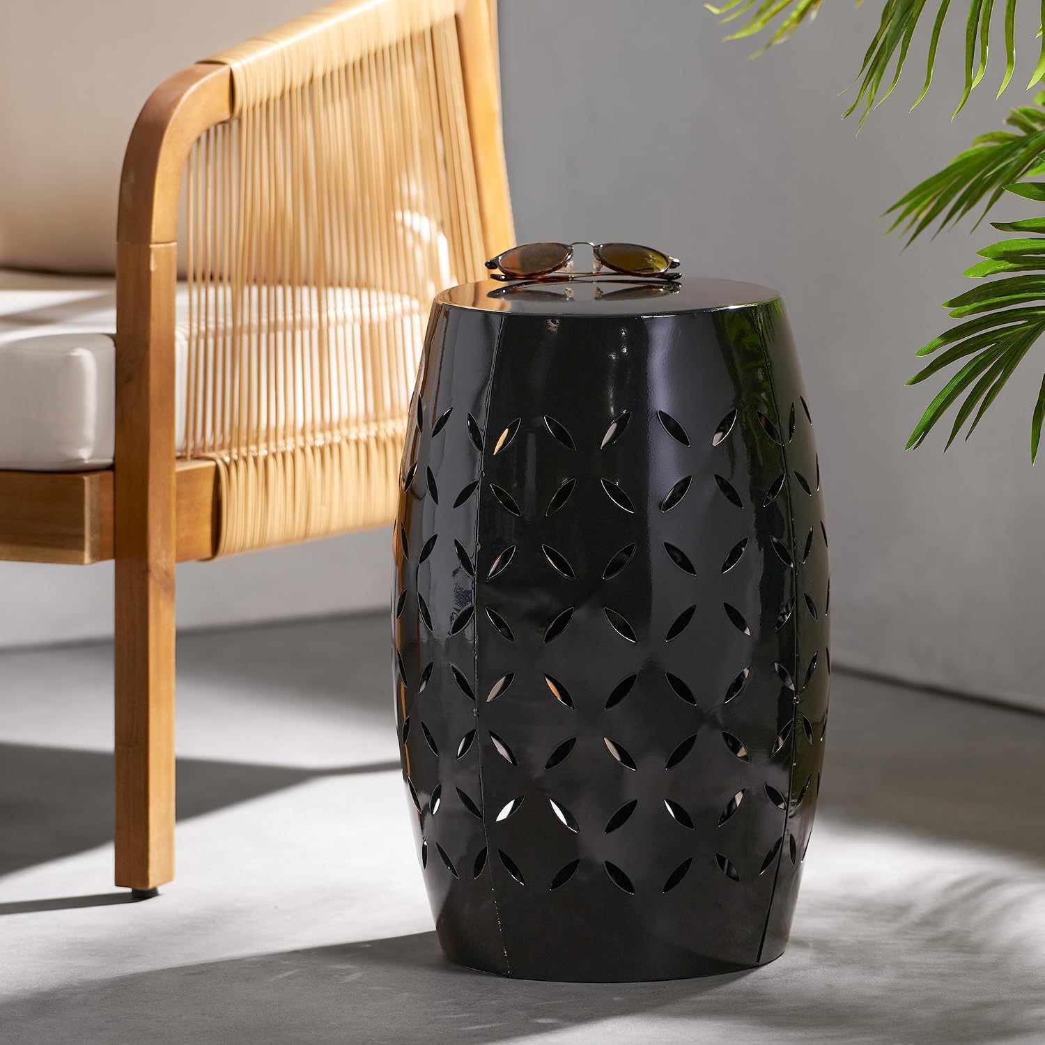 12" Weather Resistant Side Table, End Table with Metal Craft, Accent Table with Cutout Pattern for Indoor Outdoor Living Spaces, Black