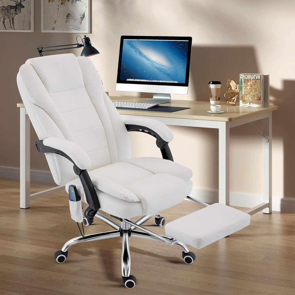 TonghuaS Massage Office Chair with Foot Rest Vibration and Heating, 90-130° Reclining Desk Chair, Ergonomic Reclining Computer Gaming Leather Chair(White)