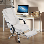 TonghuaS Massage Office Chair with Foot Rest Vibration and Heating, 90-130° Reclining Desk Chair, Ergonomic Reclining Computer Gaming Leather Chair(White)