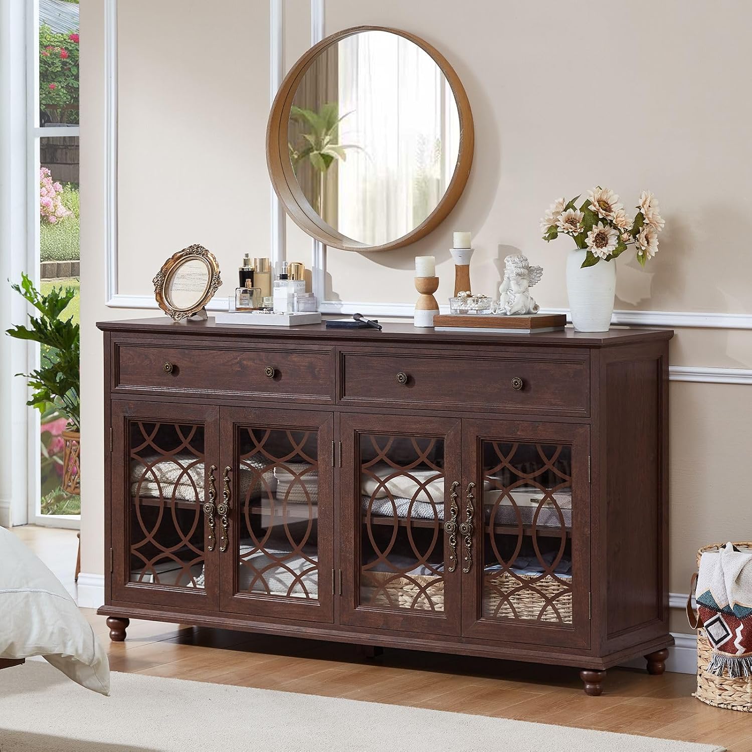 Joaxswe Farmhouse Sideboard Buffet Cabinet with Storage,59" Large Credenza with 4 Glass Doors & 2 Drawers,Adjustable Shelves Console Table,Wood Kitchen Coffee Bar for Dining Room,Living Room,Walnut