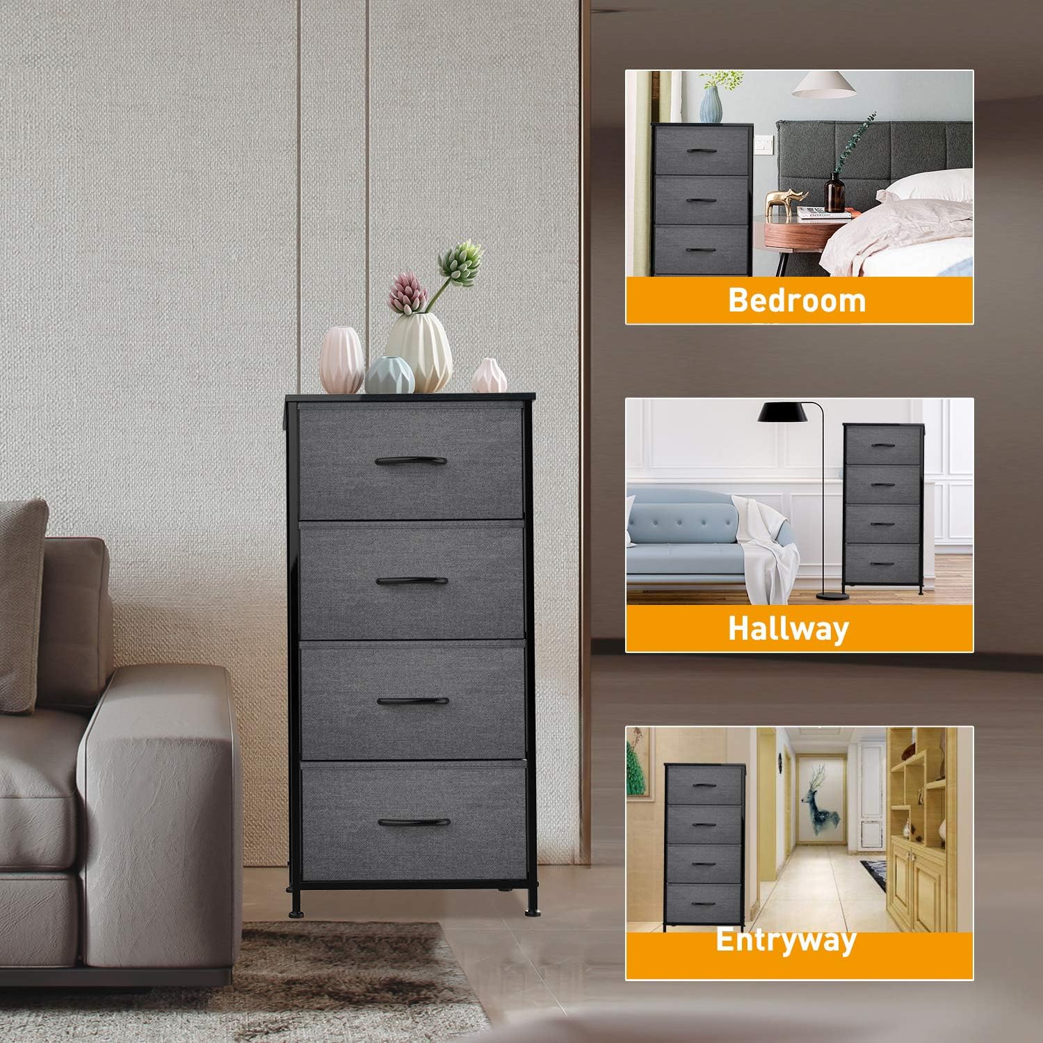 Yesker Storage Tower Units, Nightstand Dresser Organizer with 4 Drawers, Fabric Vertical, Steel Frame Wide Wood Top Small Dresser for Bedroom Hallway Entryway Closets, Easy Pull Handle, Black Grey