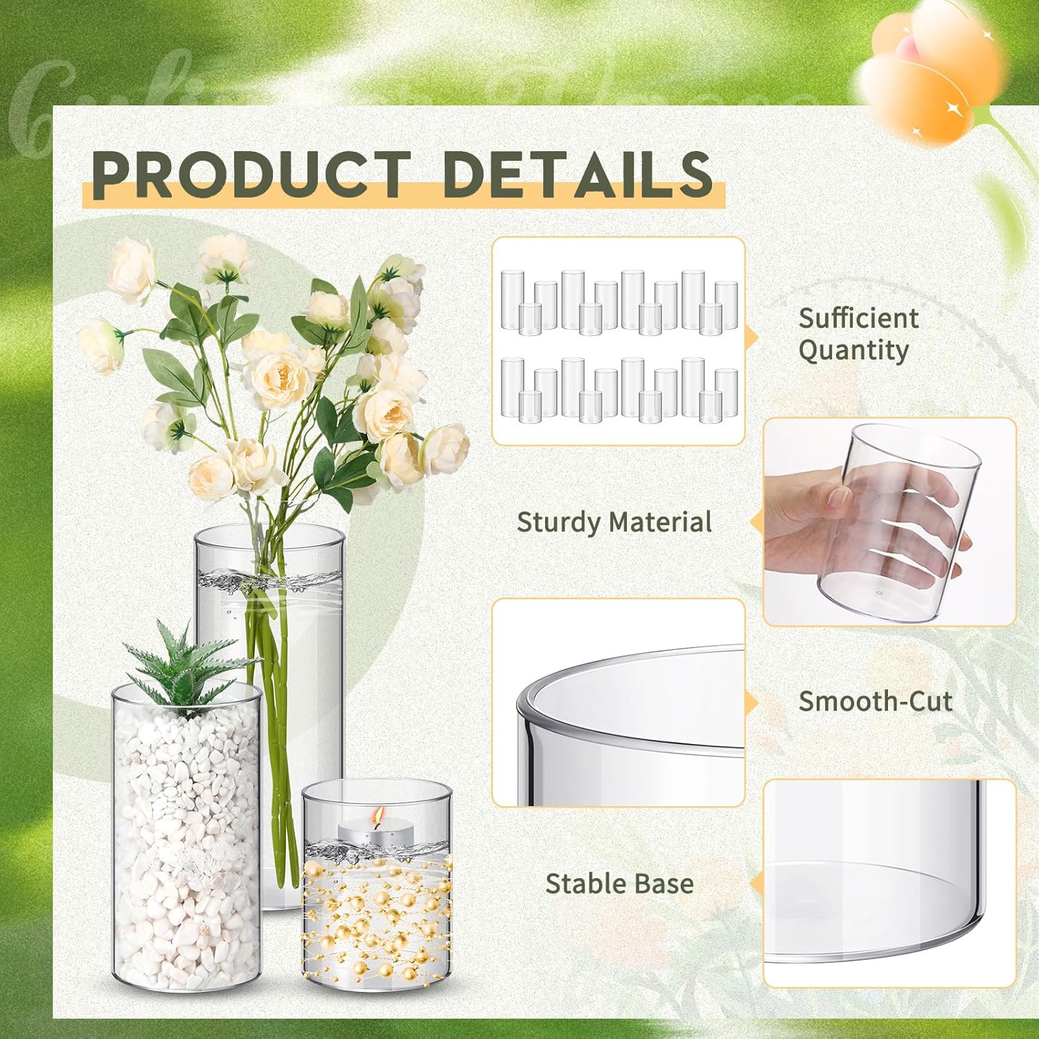 Nuogo 36 Pcs Plastic Cylinder Vases Tall Plastic Flower Vases for Centerpieces Hurricane Candle Holder for Home Wedding Office Party Formal Dinners Decorations (4''/6''/8'')