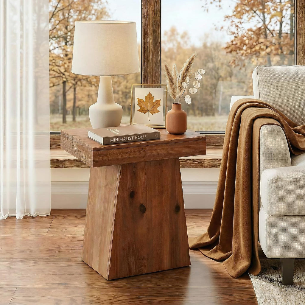 Solid End Table, 23.6" Wood Side Table with Trapezoid Base for Small Space, Living Room, Easy Assembly, Warm Walnut Brown