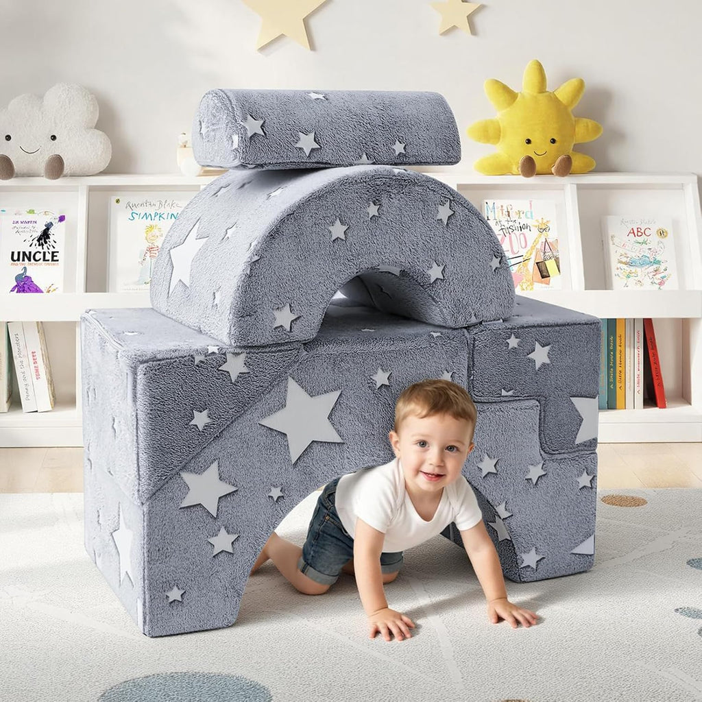 MeMoreCool Toddler Foam Climbing Couch – Modular Kids Sofa with Slide & Stairs | Convertible Sectional Play Couch for Babies & Toddlers, Glow‑in‑the‑Dark Stars, Soft Foam Playroom Furniture