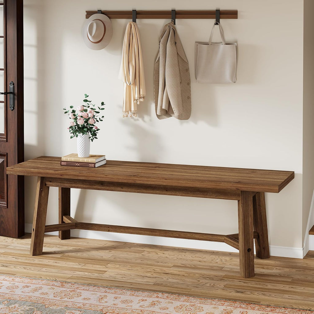 55" Solid Wood Bench, Farmhouse Long Bench Seat for Entryway, Dining Room, Living Room, Solid Wood, Dark Brown