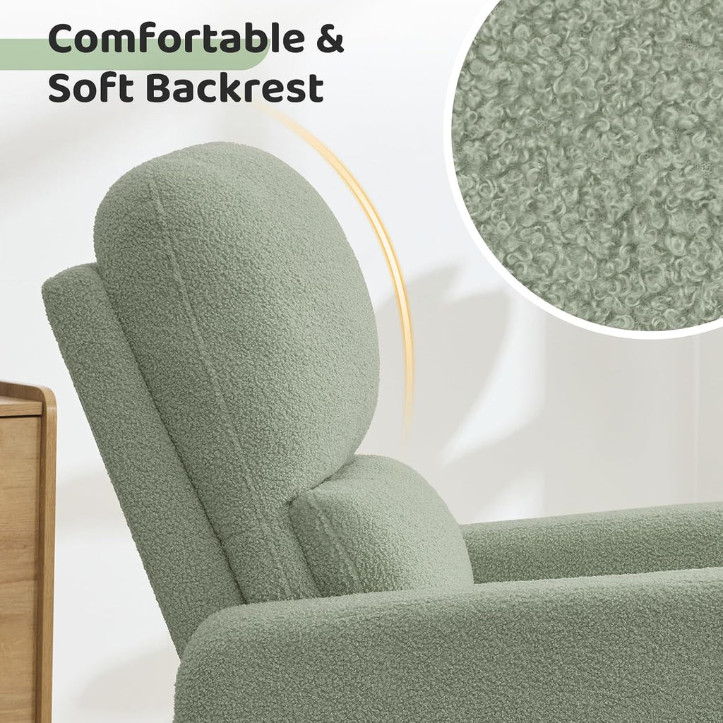 Swivel Rocker Recliner, Oversized Manual Boucle Nursery Glider Rocking Recliner Chair with Removable Cushion, Upholstered Teddy Swivel Reclining Chair for Nursery Living Room Bedroom, Green