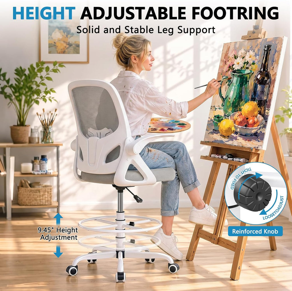 Kensaker Drafting Chair Tall Office Chair, Ergonomic Standing Desk Chair with Adjustable Foot Ring and Flip-up Armrests, Mesh Computer Chair for Art Studio, 300 LBS, Gray