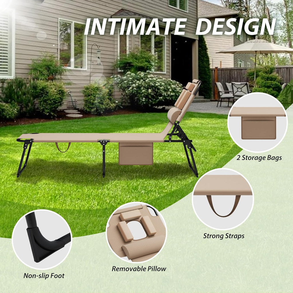 400lbs Tanning Chair with Face Hole, 5-Position Folding Chaise Lounge Chair with Side Pockets, Portable Beach Lounge Chair for Outdoor Sunbathing Patio Pool Lawn, Beige