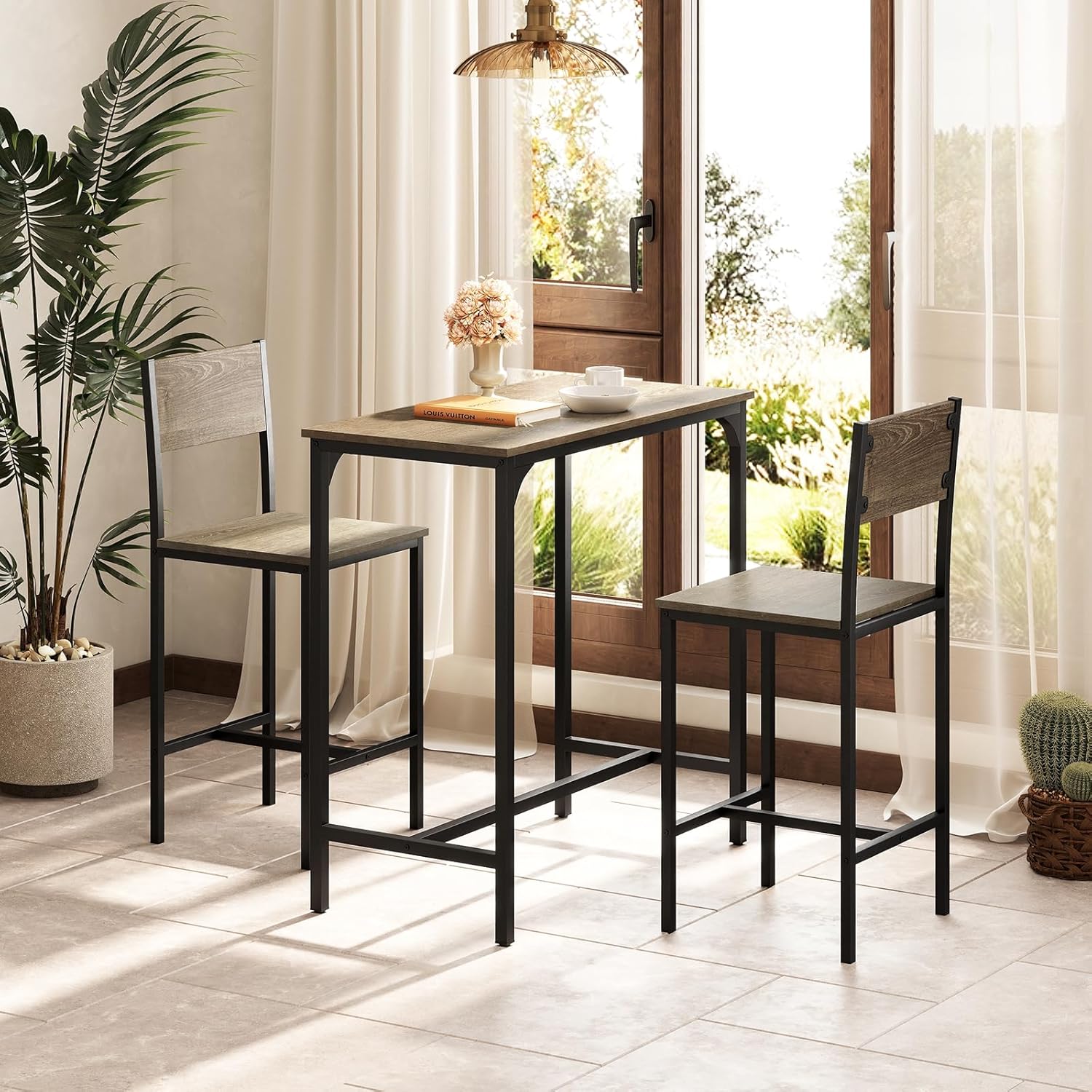 Tangkula 3 Piece Counter Height Bar Table Set, Pub Table and Chairs Set of 2, High Top Console Table with Stools for 2, Space-Saving Dinette Set for Breakfast Nook (Grey)